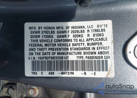 2012 Honda Civic Ex-L z USA, uszkodzony, nr VIN 19XFB2F98CE036147